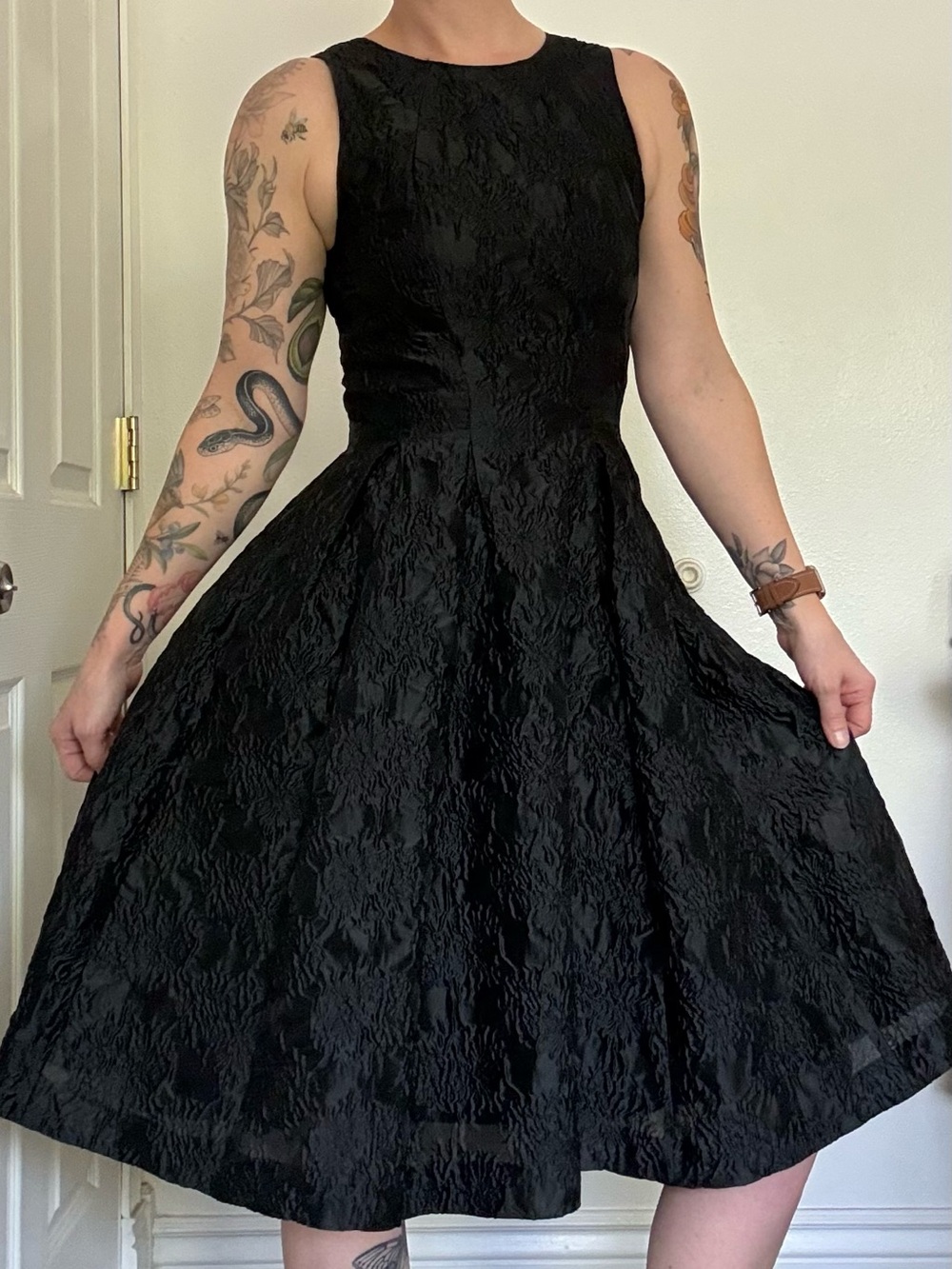 H&M Black Textured Fit-and-Flare Dress with Back Cutout Details - Size 6